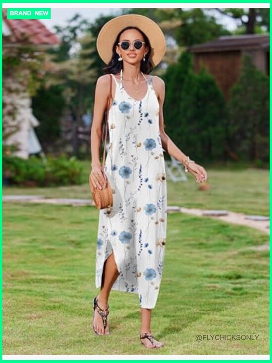 Casual Maxi Sundress Sleeveless V Neck Split Boho Beach Dress with Pockets - Picture 2 of 7